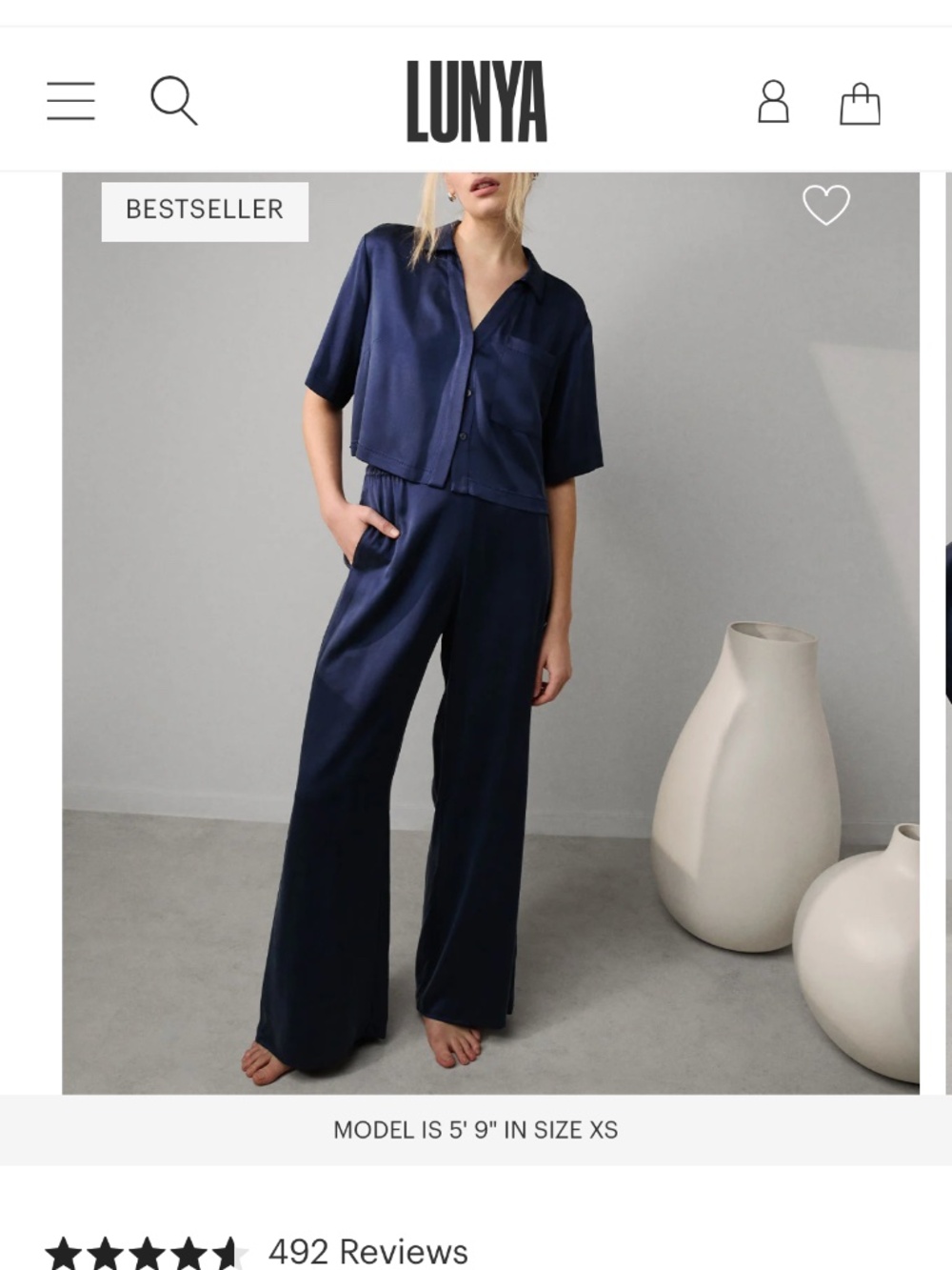 Lunya Washable Silk Cropped Top and Pants Set Navy